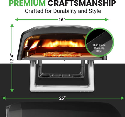 Portable Outdoor Gas Pizza Oven - Unique Design, Easy Bake Oven with Pizza Stone, Foldable Feet, One-Touch Gas Ignition, Adjustable Heat Control, Stainless Steel, 932°F Max