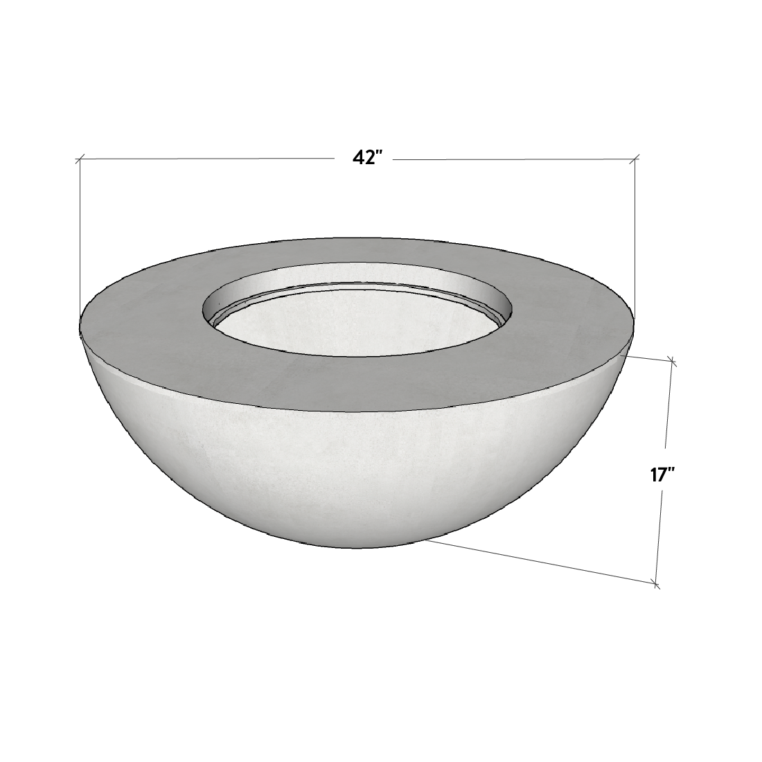 Measurement chart of a round concrete fire pit with dimensions on a white background