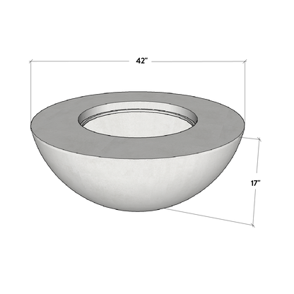 Measurement chart of a round concrete fire pit with dimensions on a white background
